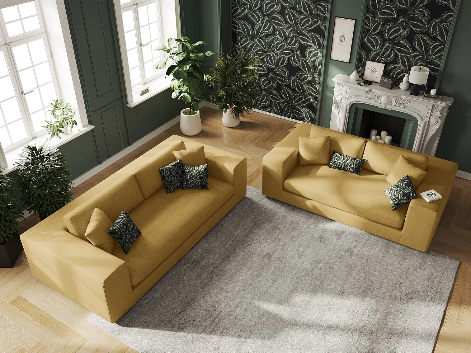 CXL by Christian Lacroix - Canapé "Tendance" 3 places en tissu structurel jaune - 220x122x72cm