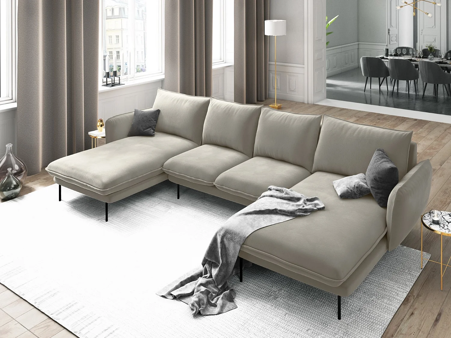 Cosmopolitan Design - Canapé panoramique "Vienna" 6 places en velours beige - 350x170x95cm