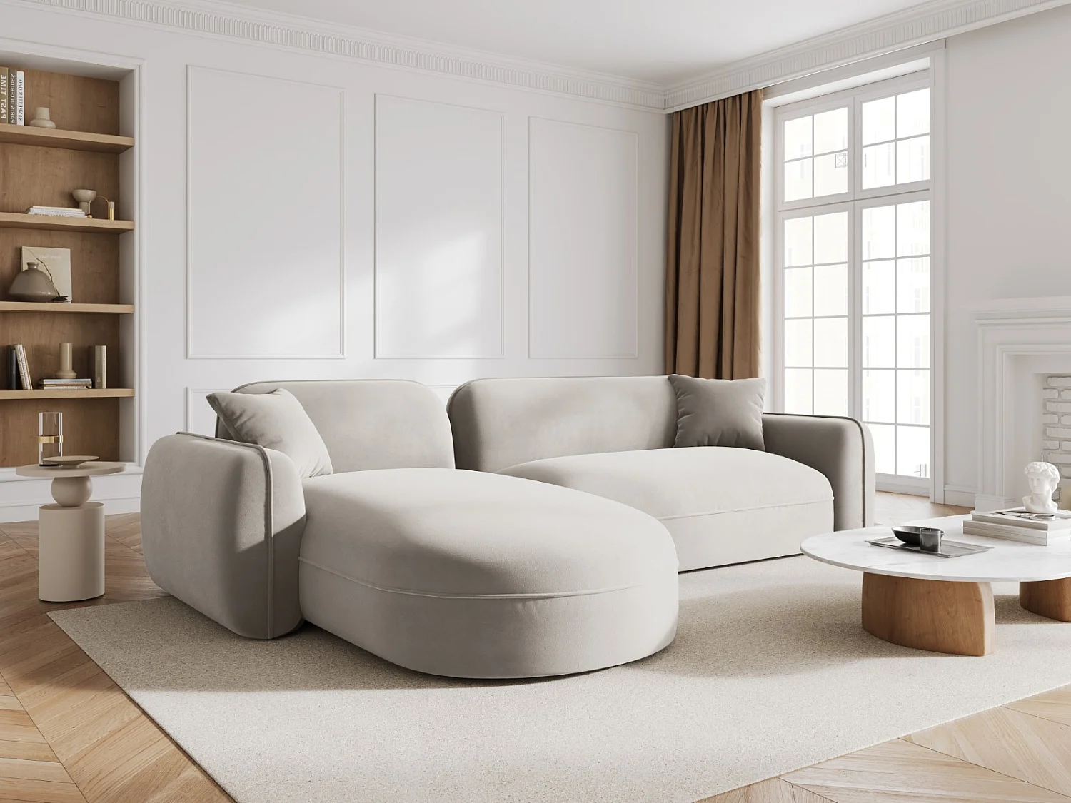 CXL by Christian Lacroix - Modulaire hoekbank links "Lucien" 4 zitplaatsen, Flueel, Lichtbeige - 275x165x70cm