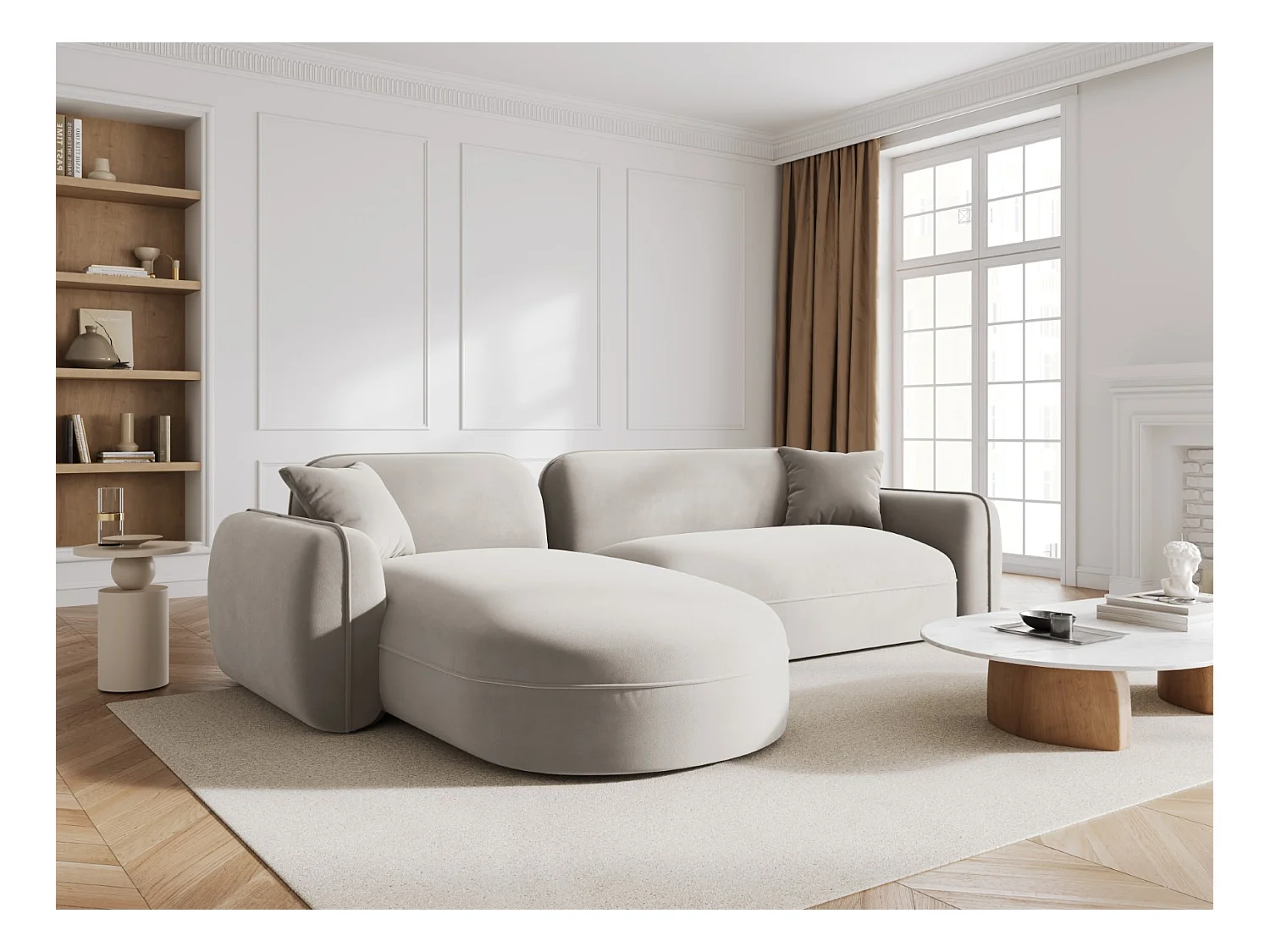 CXL by Christian Lacroix - Canapé d'angle gauche modulable "Lucien" 4 places en velours beige clair - 275x165x70cm