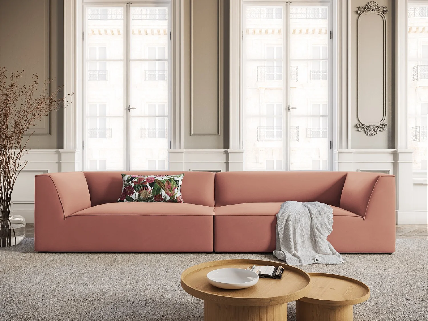 CXL by Christian Lacroix - Bank "Charles" 4 zitplaatsen, Flueel, Roze - 302x93x69cm