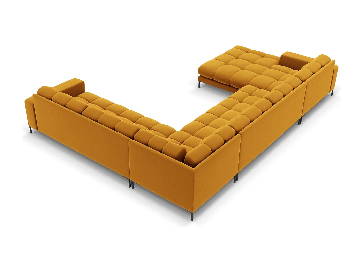 Cosmopolitan Design - Sofá de canto direito panorâmico "Bali" 7 lugares em veludo amarelo - 327x256x75cm