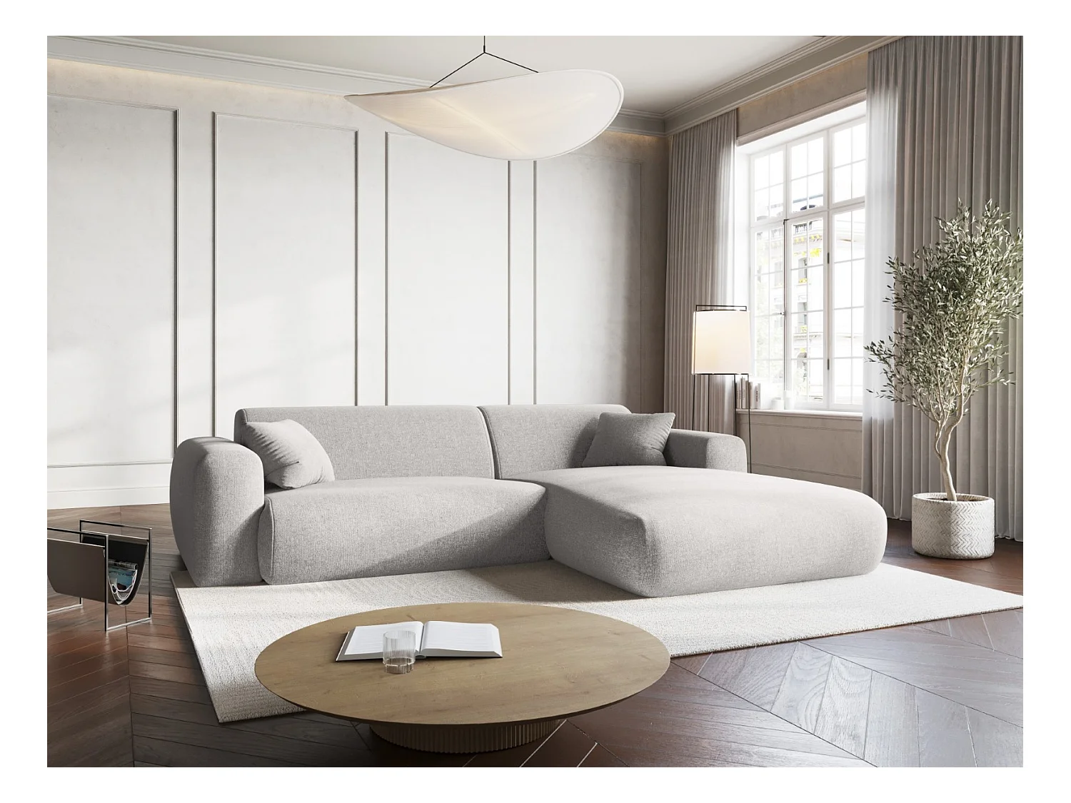 Cosmopolitan Design - Divano angolare destro "Nolio" 4 posti in ciniglia grigio chiaro - 235x170x72cm