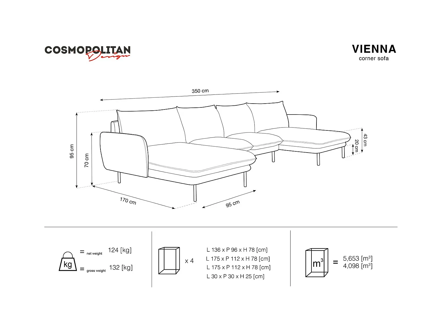 Cosmopolitan Design - Canapé panoramique "Vienna" 6 places en tissu structurel beige - 350x170x95cm