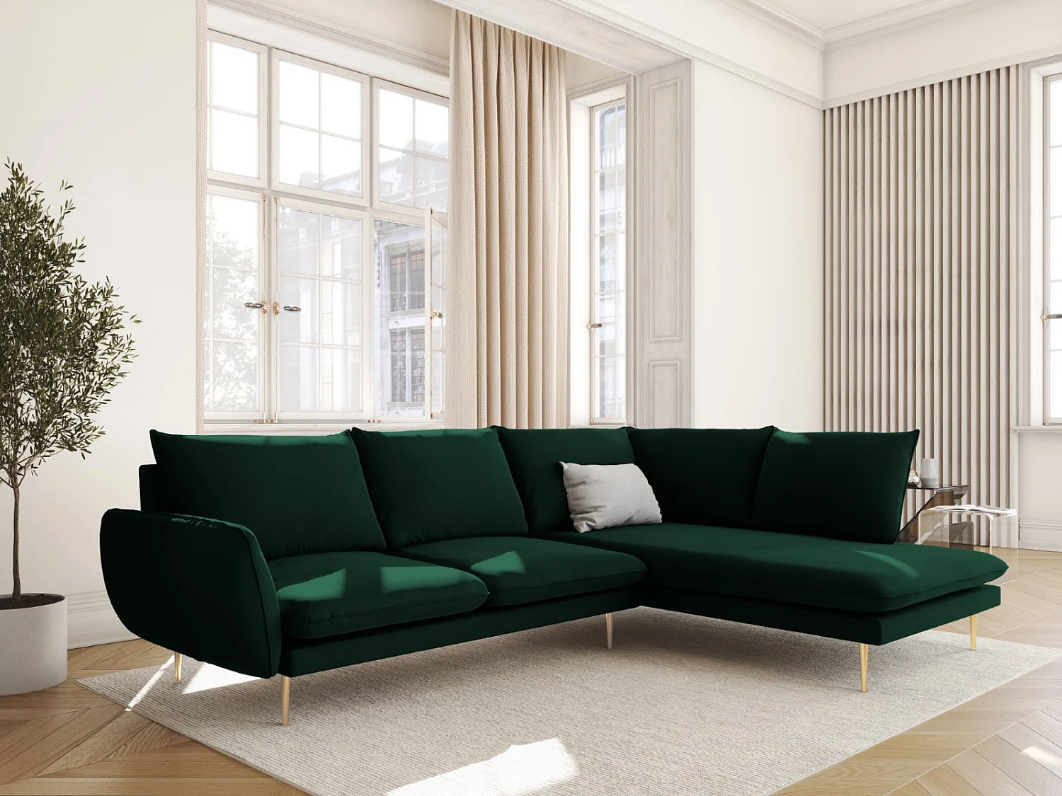 Cosmopolitan Design - Canapé d'angle droit "Vienna" 6 places en velours vert bouteille - 275x185x95cm