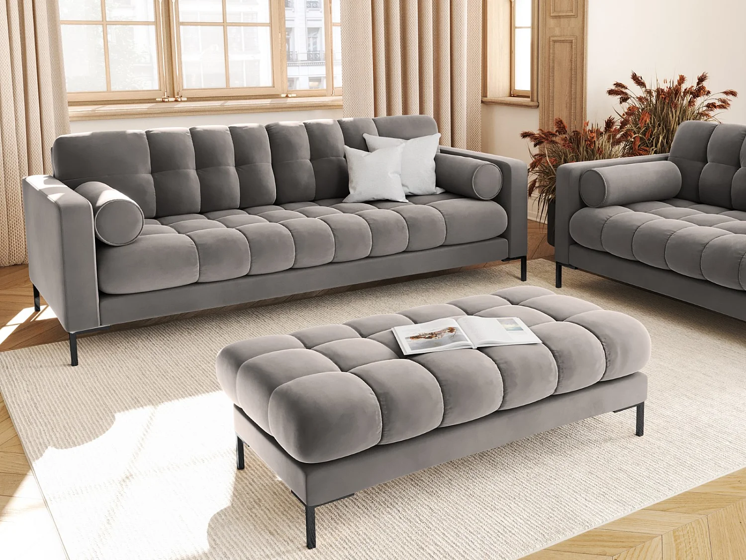 Cosmopolitan Design - Banc "Bali" 2 places en velours gris clair - 62x133x41cm