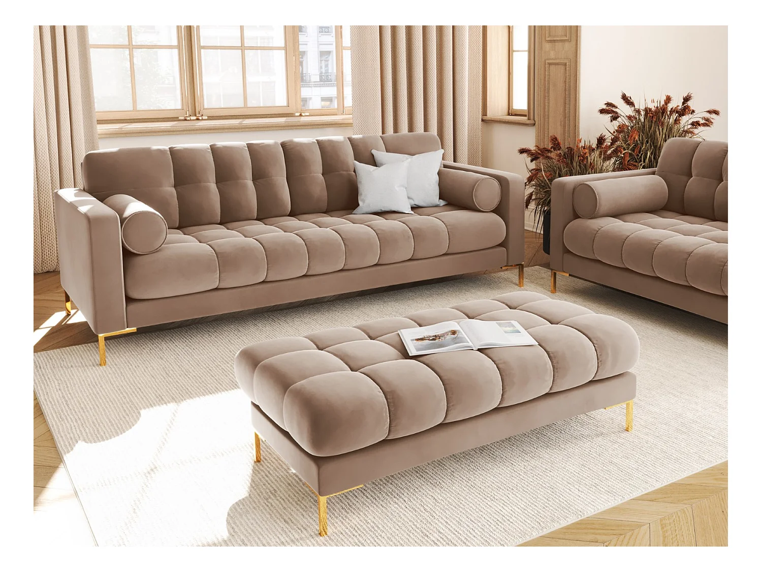 Cosmopolitan Design - Banc "Bali" 2 places en velours beige - 62x133x41cm