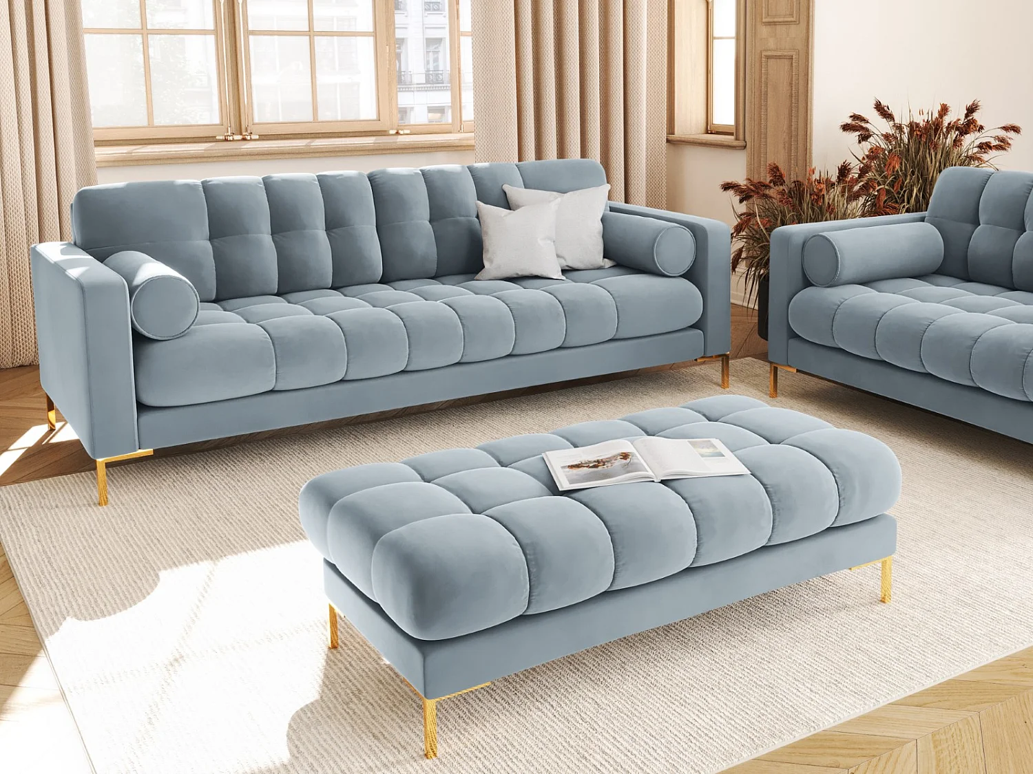 Cosmopolitan Design - Bank "Bali" 2 zitplaatsen, Flueel, Lichtblauw - 62x133x41cm