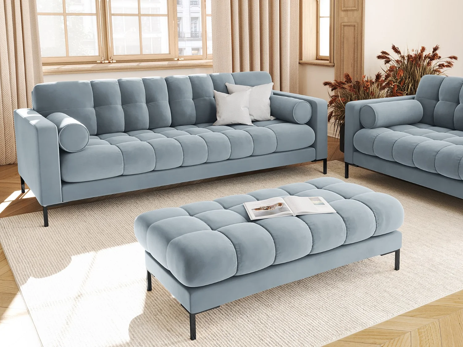Cosmopolitan Design - Banc "Bali" 2 places en velours bleu clair - 62x133x41cm