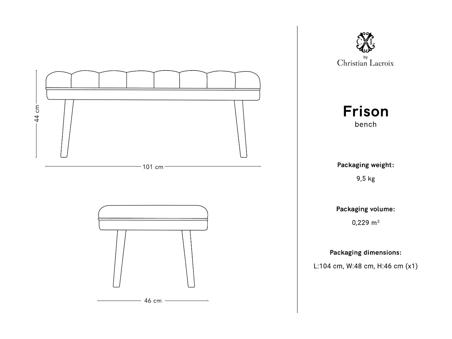 CXL by Christian Lacroix - Banc "Frison" 2 places en velours noir - 46x101x44cm