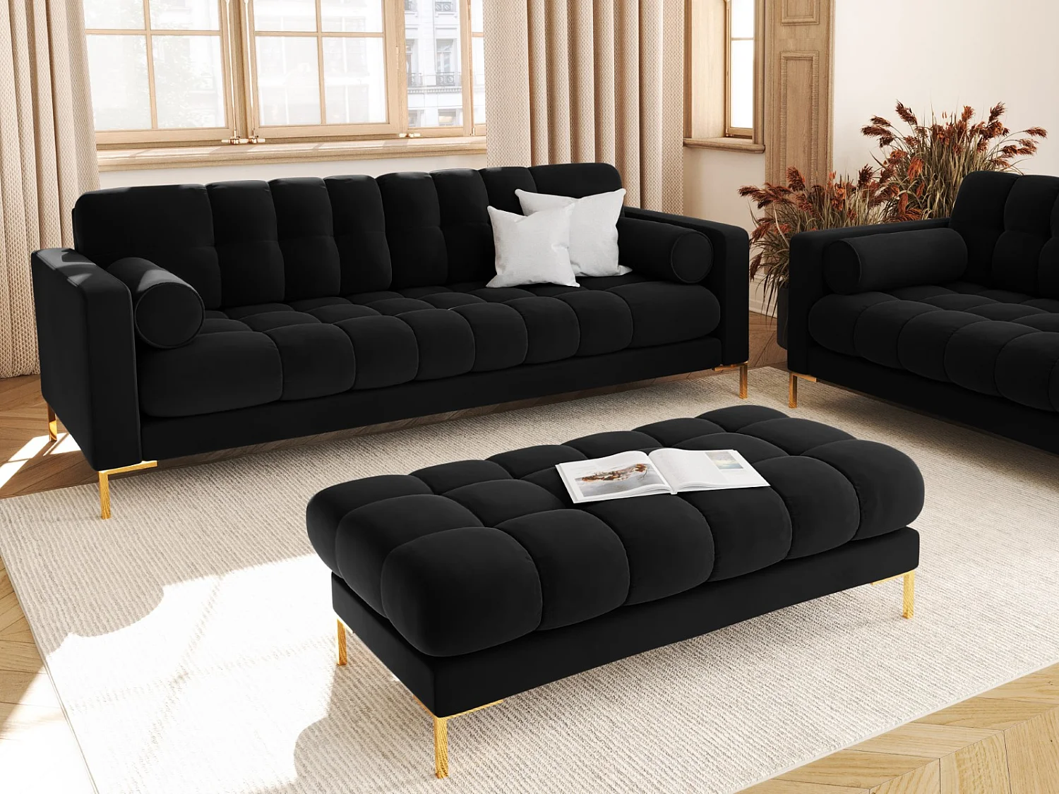 Cosmopolitan Design - Banc "Bali" 2 places en velours noir - 62x133x41cm