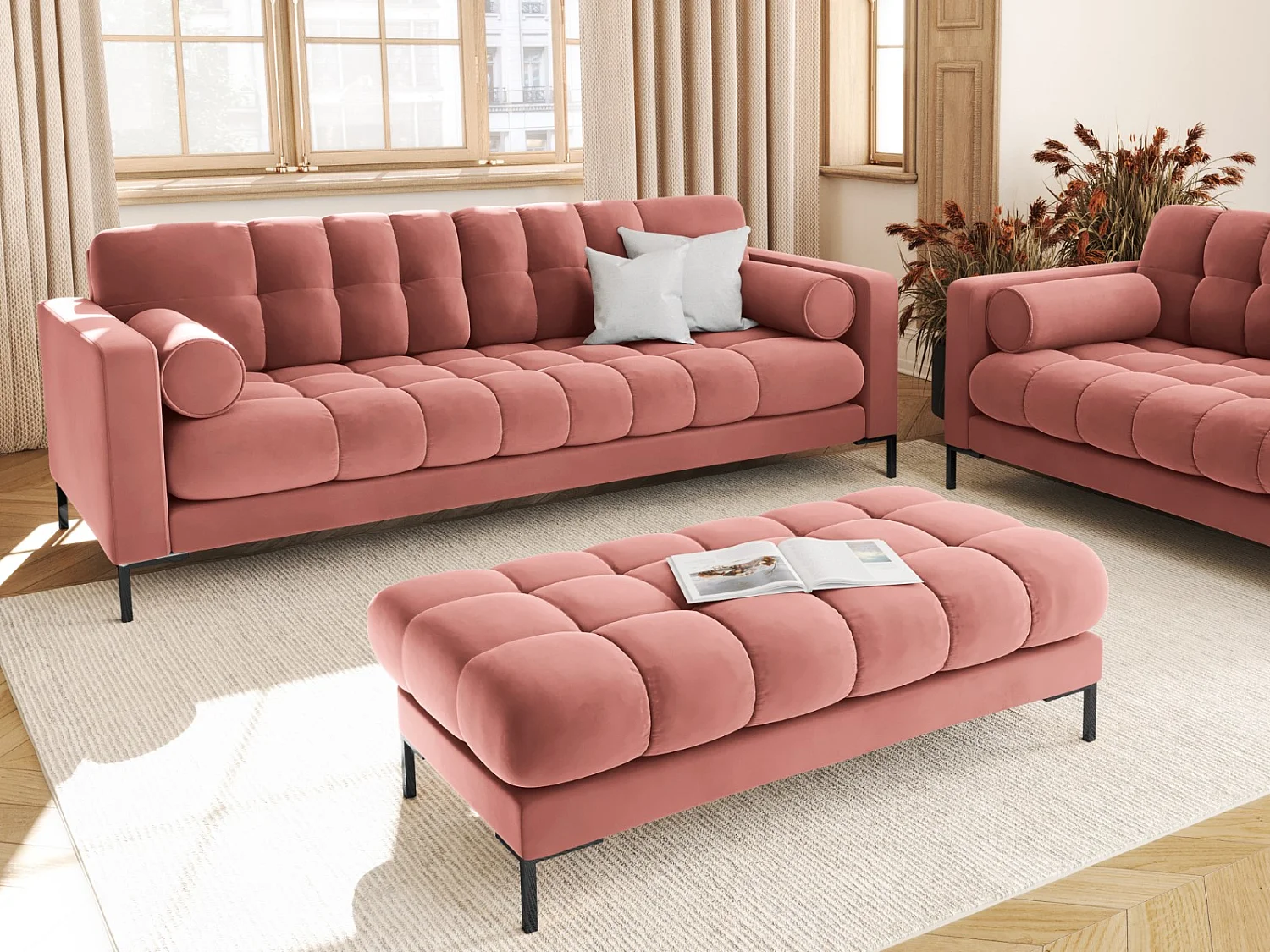 Cosmopolitan Design - Banc "Bali" 2 places en velours rose - 62x133x41cm
