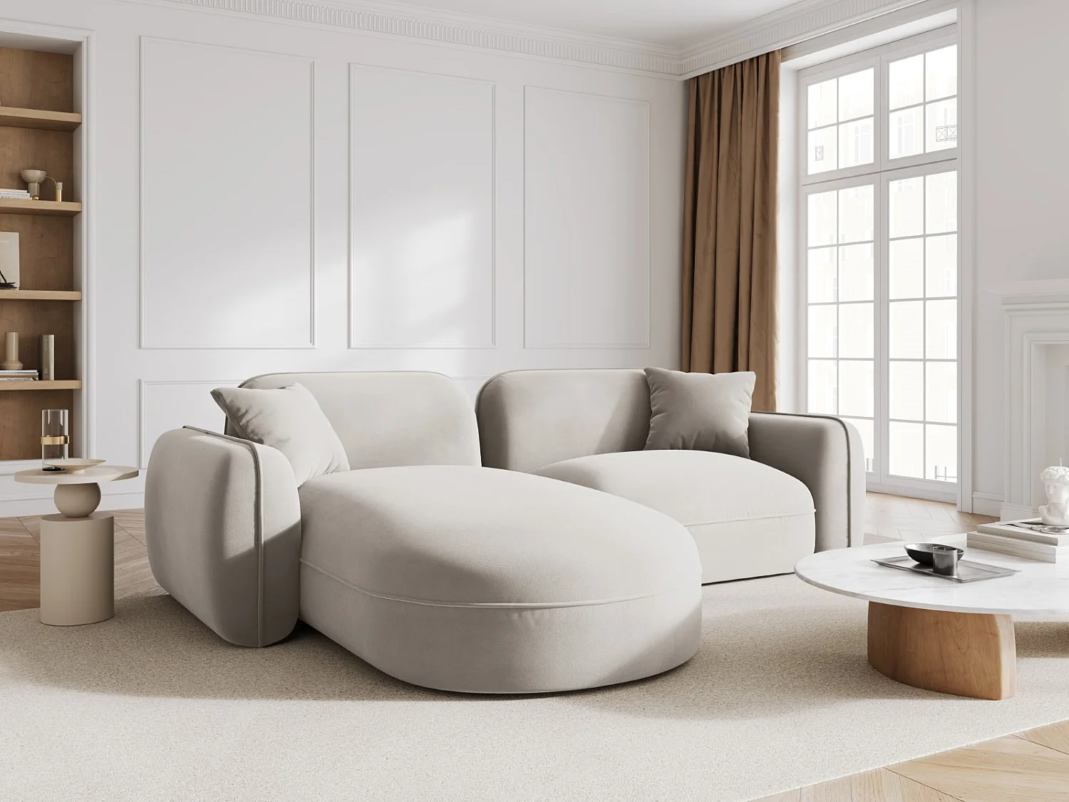 CXL by Christian Lacroix - Modulaire hoekbank links "Lucien" 3 zitplaatsen, Flueel, Lichtbeige - 230x165x70cm