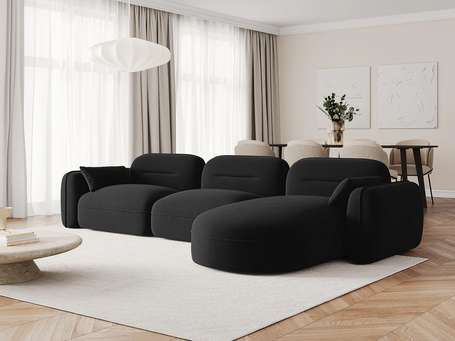 Cosmopolitan Design - Canapé d'angle droit modulable "Sydney" 4 places en velours noir - 320x165x70cm