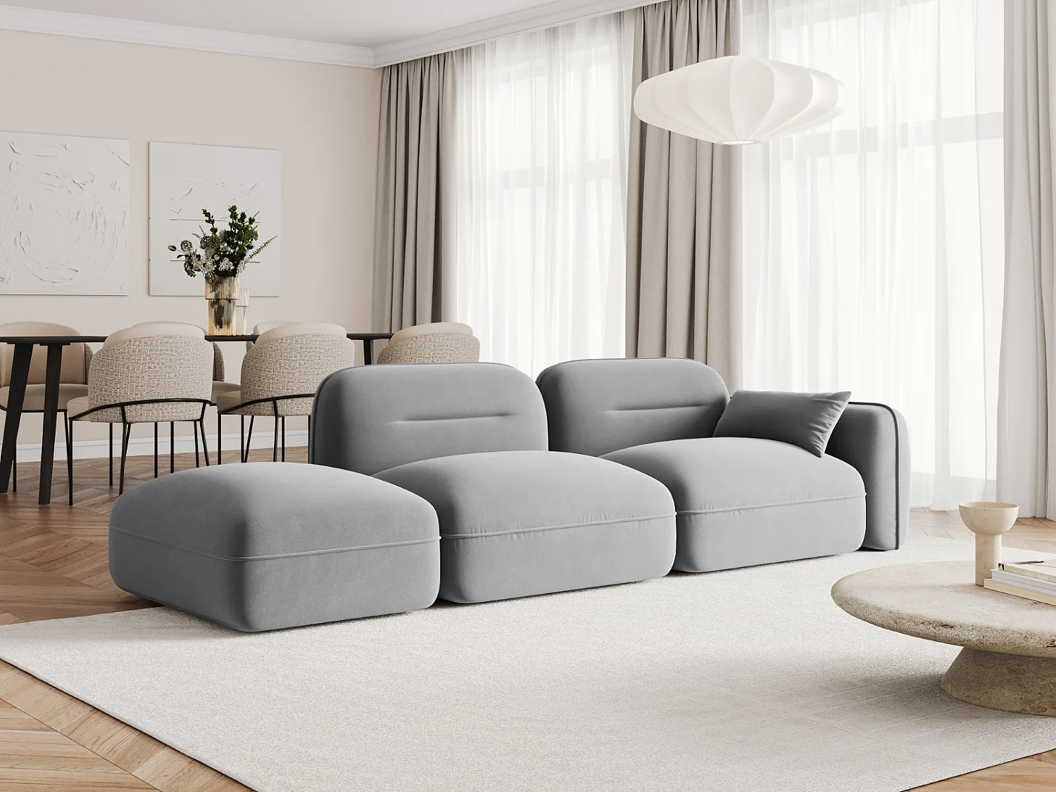 Cosmopolitan Design - 3-Sitzer modulares Sofa links "Sydney" aus Samt hellgrau - 295x90x70cm