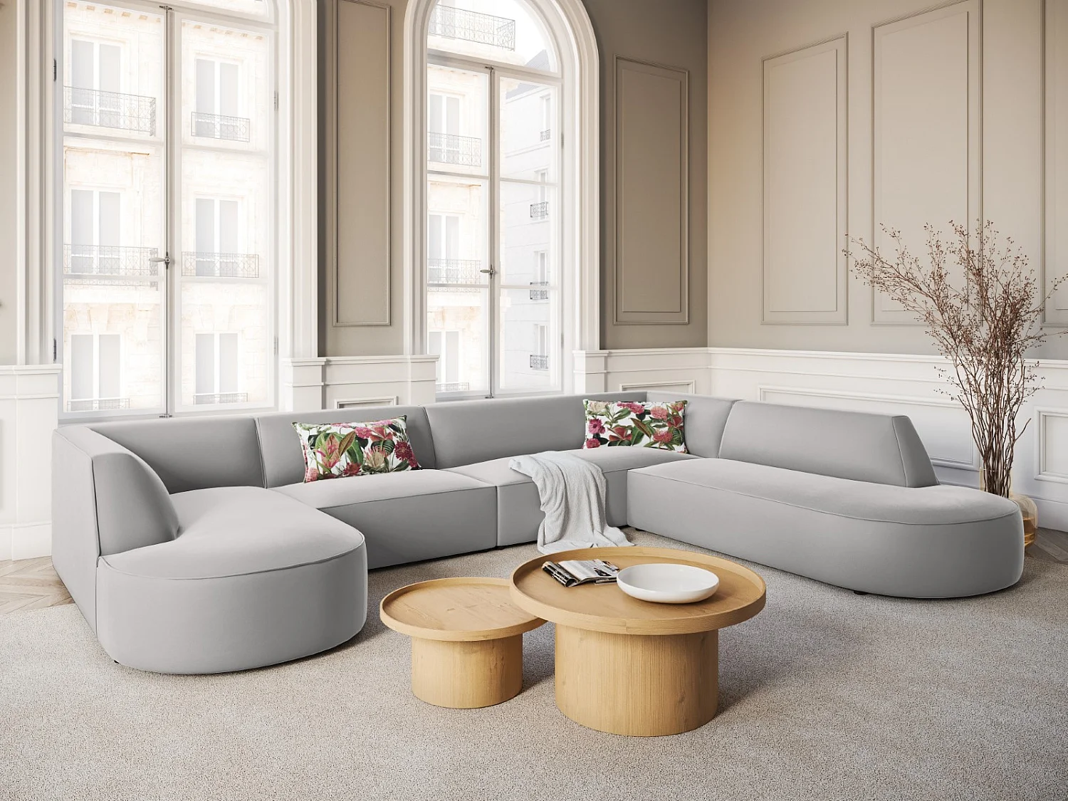 CXL by Christian Lacroix - Canapé d'angle droit panoramique "Charles" 7 places en velours gris clair - 366x273x69cm