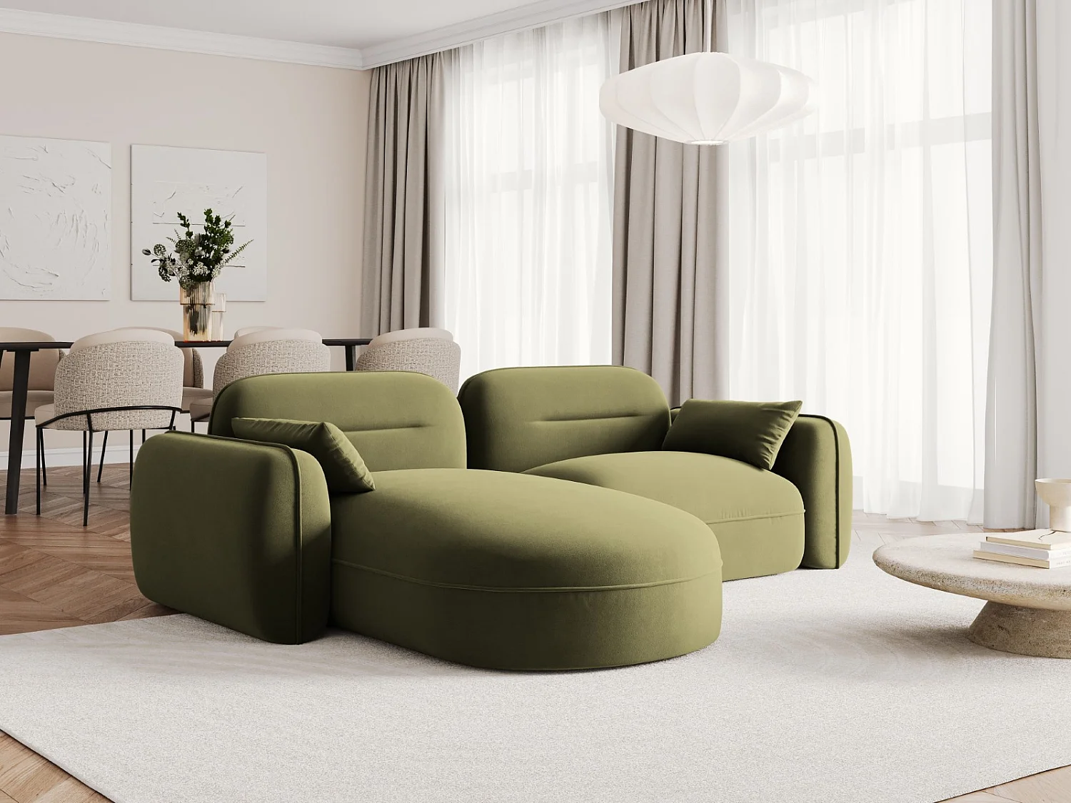 Cosmopolitan Design - Divano angolare modulare sinistro "Sydney" 3 posti in velluto verde chiaro - 230x165x70cm