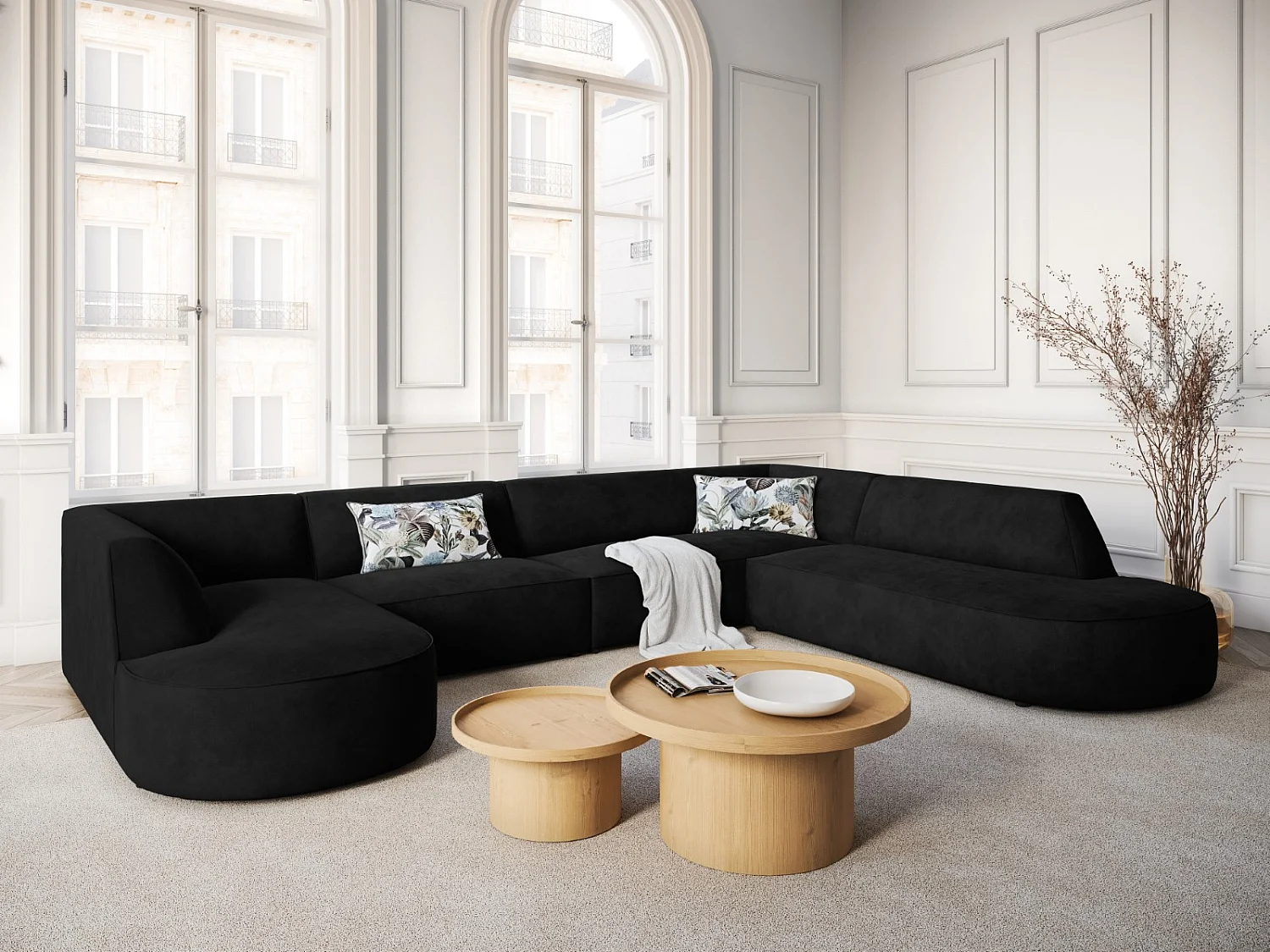 CXL by Christian Lacroix - Panoramische hoekbank rechts "Charles" 7 zitplaatsen, Flueel, Zwart - 366x273x69cm