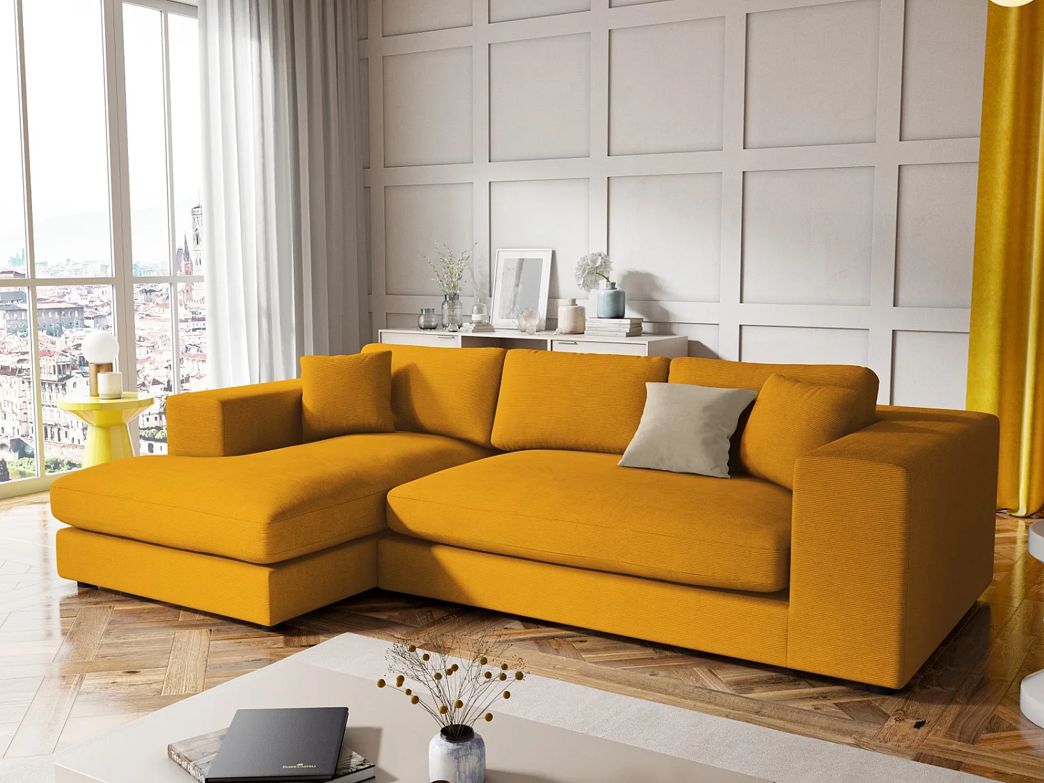 CXL by Christian Lacroix - 5-Sitzer Ecksofa links "Tendance" Sitzer aus Cord gelb - 282x174x72cm