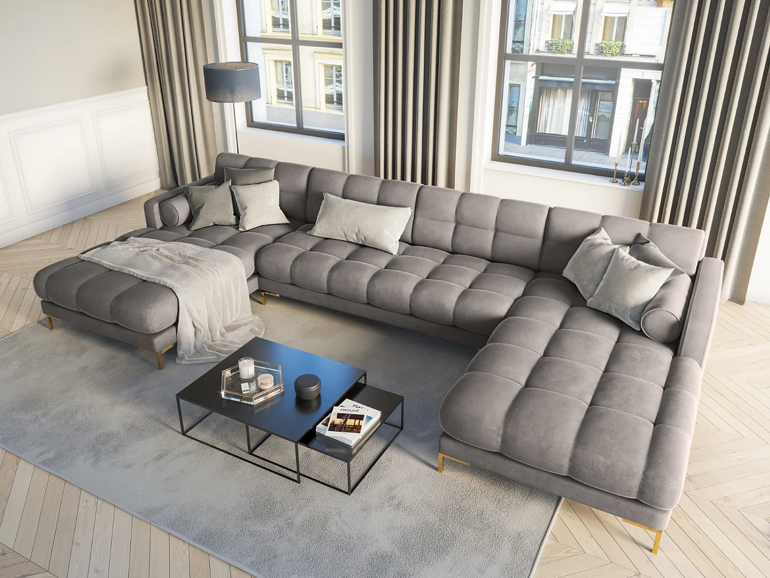 Cosmopolitan Design - 7-Sitzer Panoramasofa "Bali" aus Samt hellgrau - 383x185x75cm