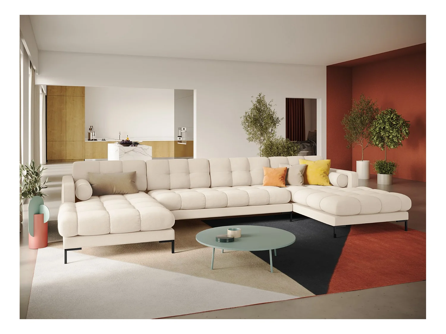 Cosmopolitan Design - 7-Sitzer Panoramasofa "Bali" aus strukturiertem Stoff leichtes beige - 383x185x75cm