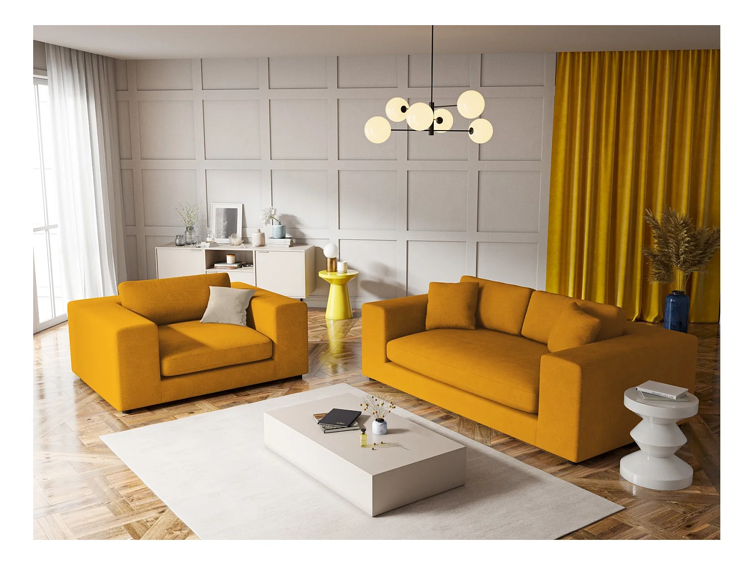 CXL by Christian Lacroix - Canapé "Tendance" 1,5 place en velours côtelé jaune - 156x122x72cm