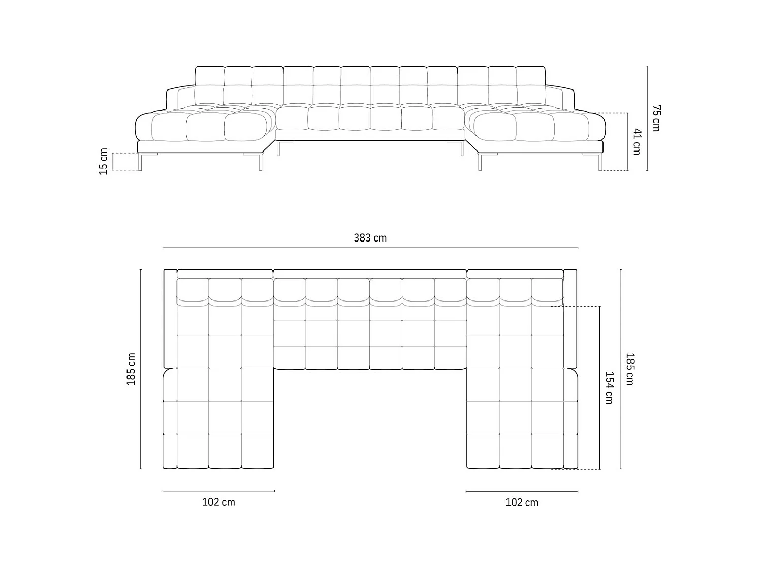 Cosmopolitan Design - Divano panoramico "Bali" 7 posti in velluto grigio scuro - 383x185x75cm