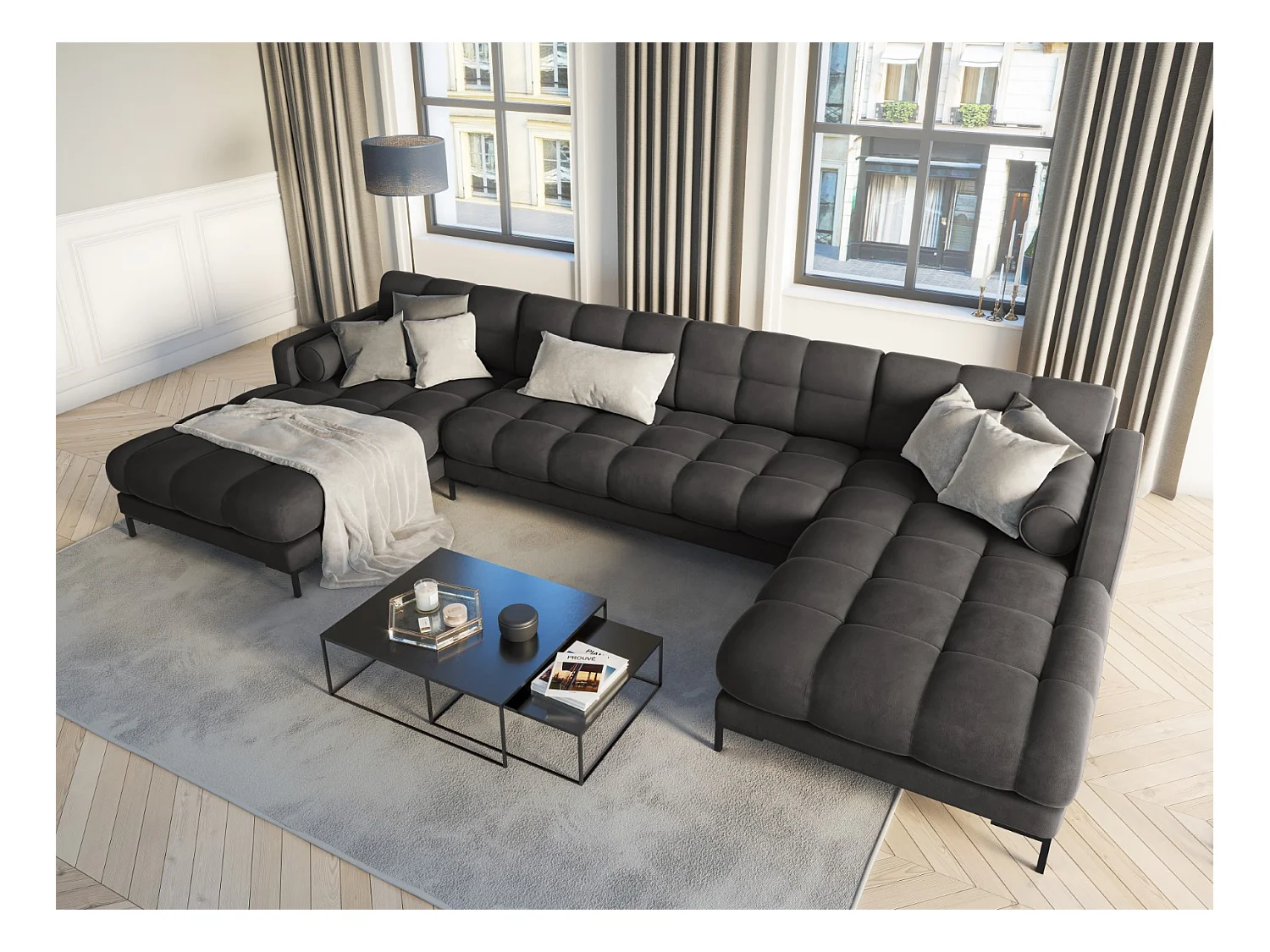 Cosmopolitan Design - Divano panoramico "Bali" 7 posti in velluto grigio scuro - 383x185x75cm