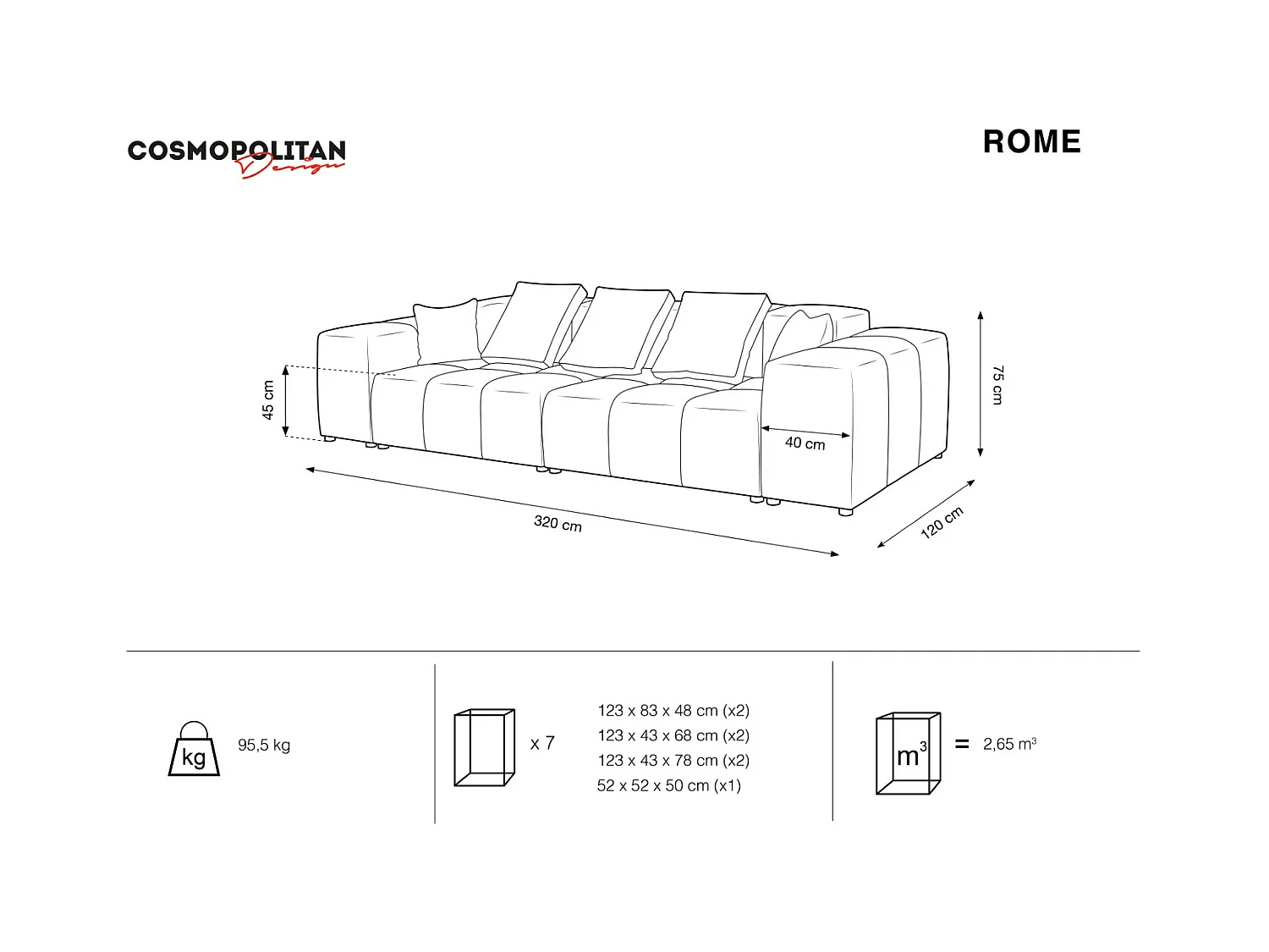 Cosmopolitan Design - Canapé modulable "Rome" 3 places en tissu structurel gris clair - 320x120x75cm