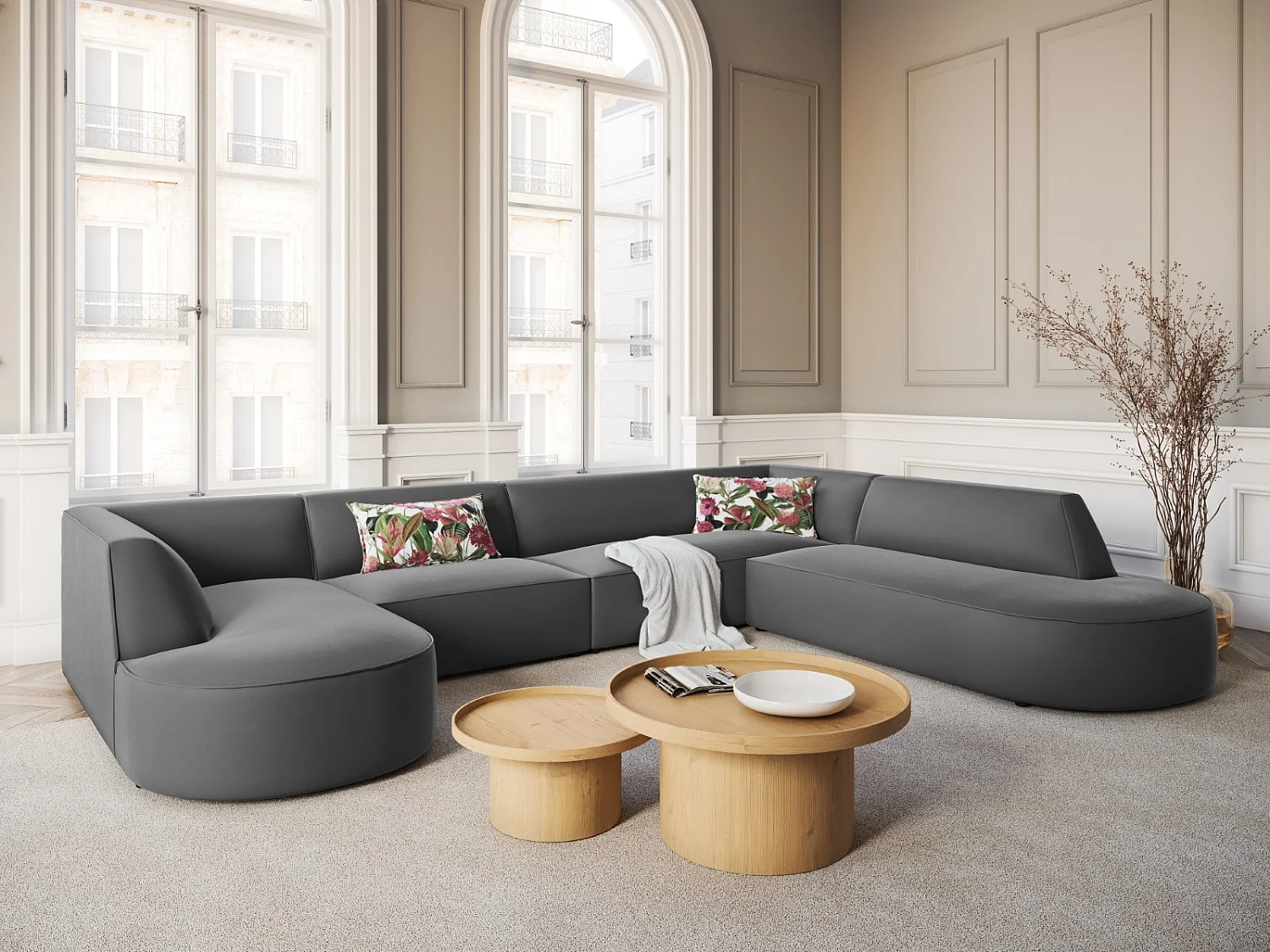 CXL by Christian Lacroix - Sofá de canto direito panorâmico "Charles" 7 lugares em veludo cinza escuro - 366x273x69cm