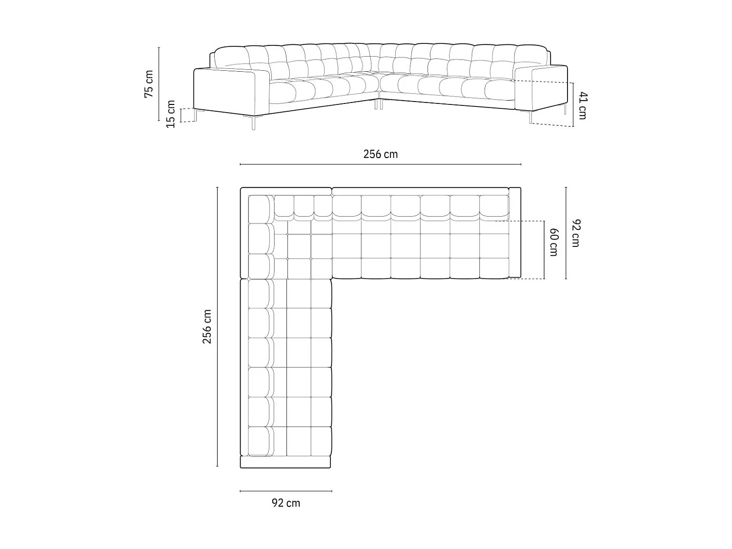 Cosmopolitan Design - Sofá esquinero simétrico "Bali" 6 plazas de terciopelo gris oscuro - 256x256x75cm