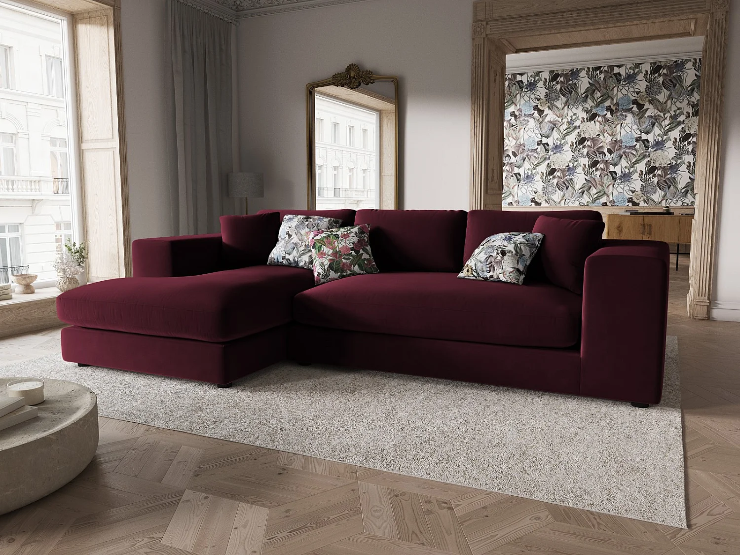 CXL by Christian Lacroix - Linker hoekbank "Tendance" 5 zitplaatsen, Flueel, Donkerrood - 282x174x72cm