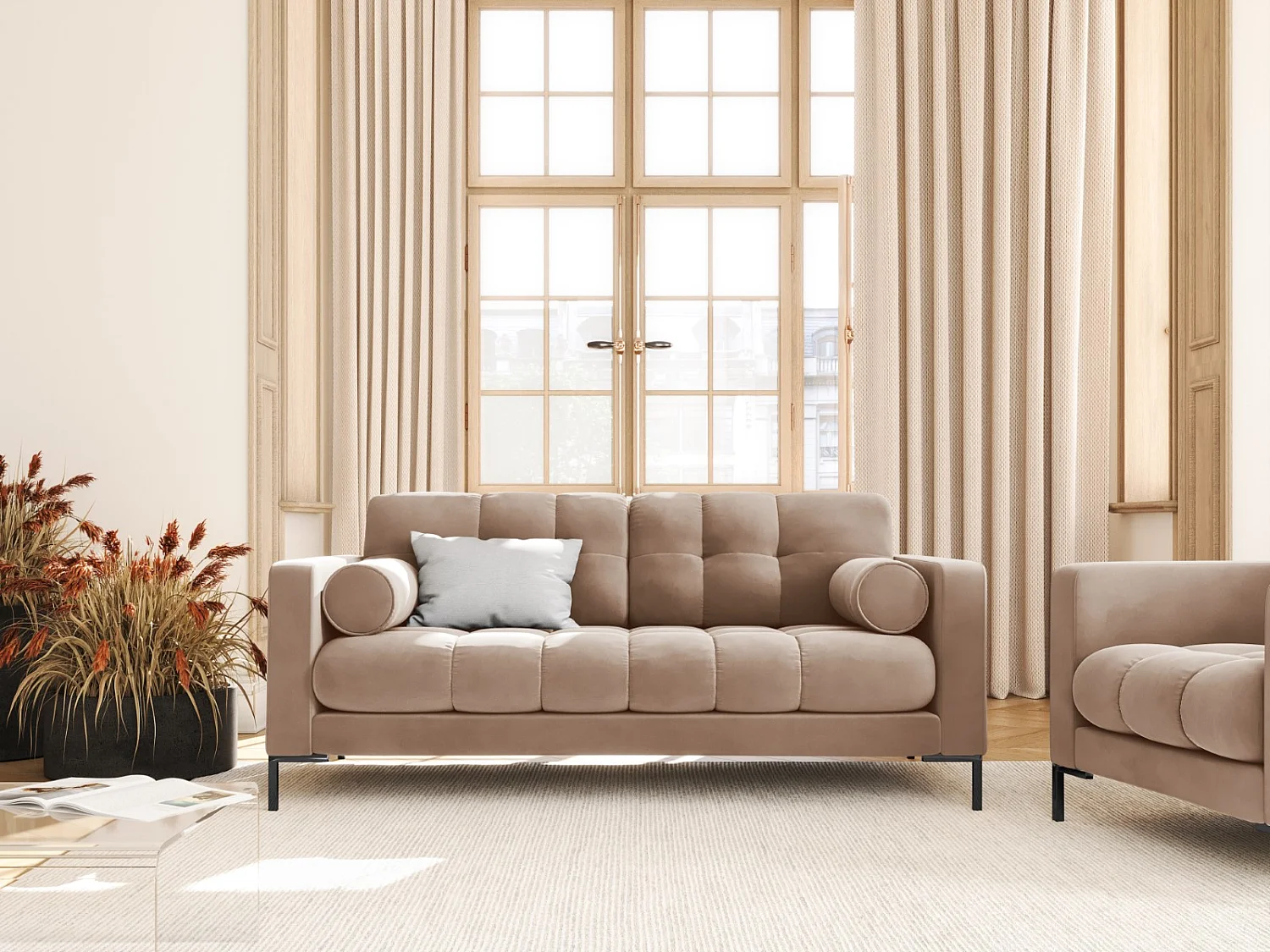 Cosmopolitan Design - Canapé "Bali" 2 places en velours beige - 152x92x75cm