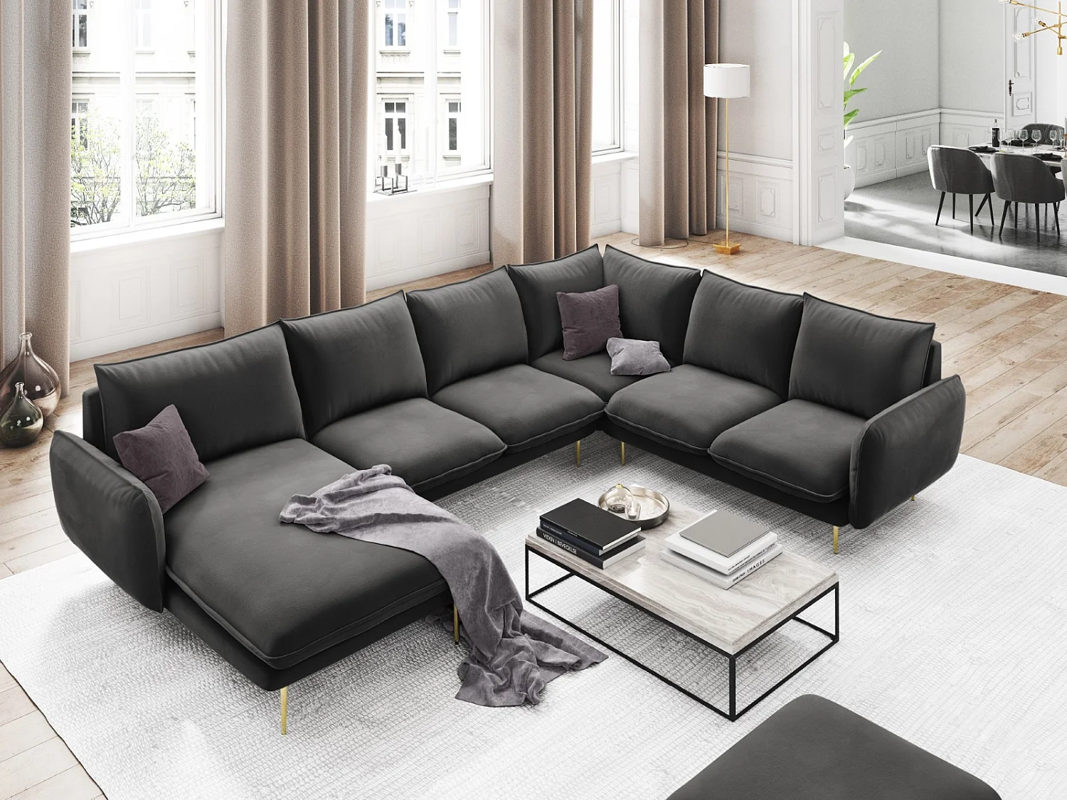 Cosmopolitan Design - Canapé d'angle droit panoramique "Vienna" 7 places en velours gris - 330x235x95cm