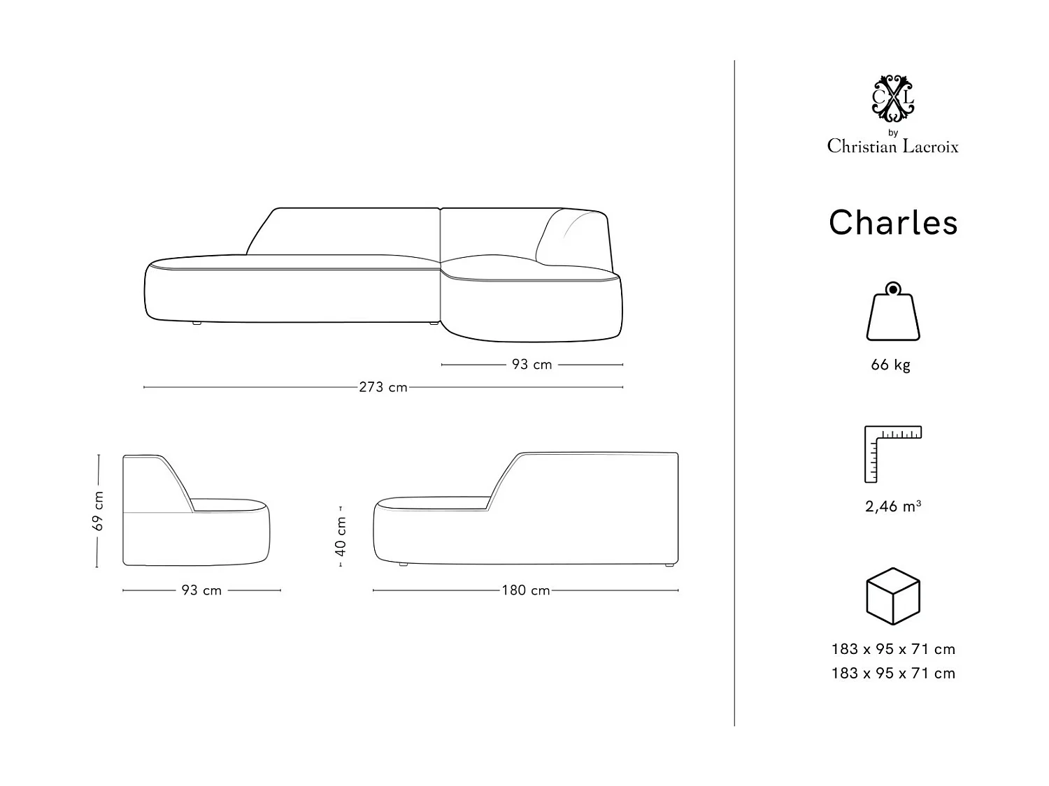 CXL by Christian Lacroix - Canapé d'angle droit "Charles" 4 places en velours motif de jardin bleu clair,gris clair - 273x180x69cm