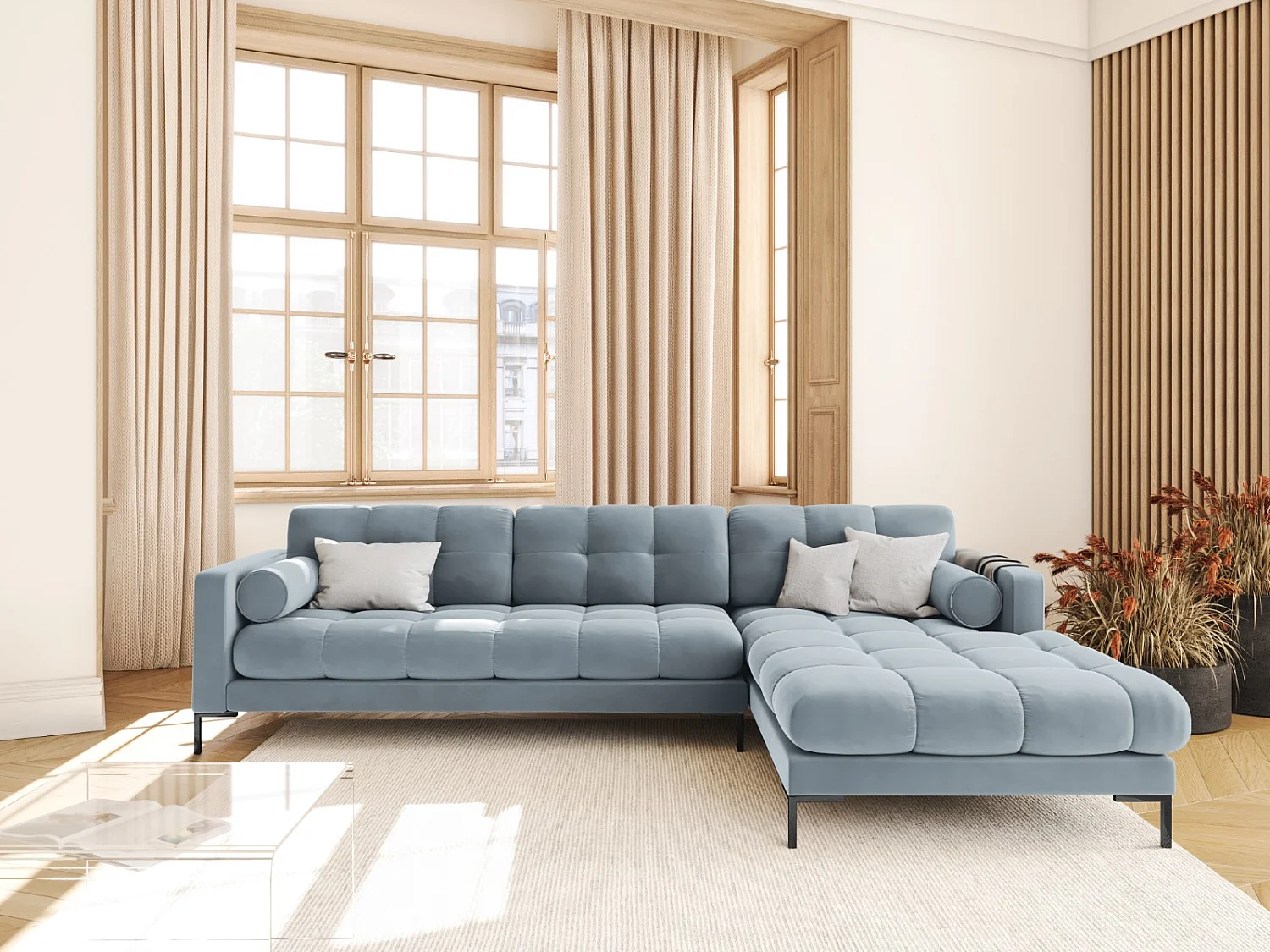 Cosmopolitan Design - 5-Sitzer Ecksofa rechts "Bali" aus Samt hellblau - 293x185x75cm