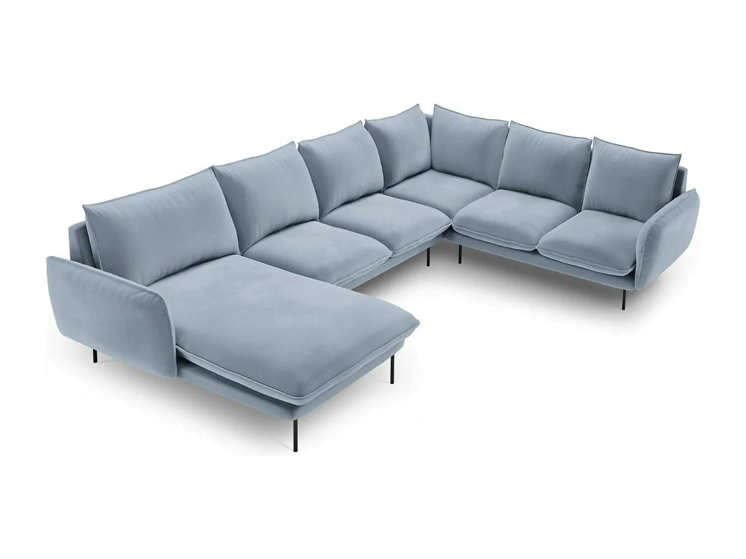 Cosmopolitan Design - Panoramische hoekbank rechts "Vienna" 7 zitplaatsen, Flueel, Lichtblauw - 330x235x95cm