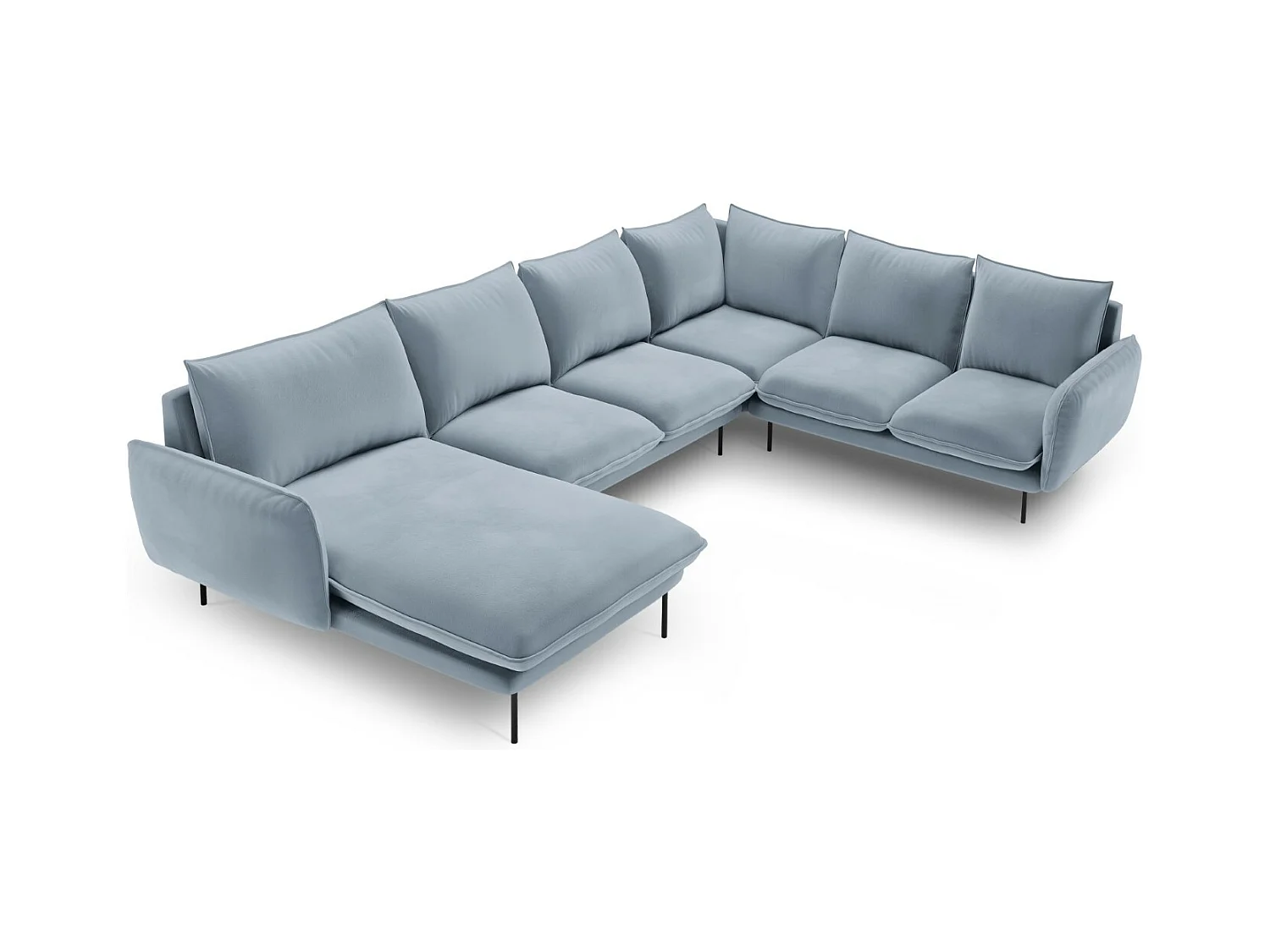 Cosmopolitan Design - Canapé d'angle droit panoramique "Vienna" 7 places en velours bleu clair - 330x235x95cm