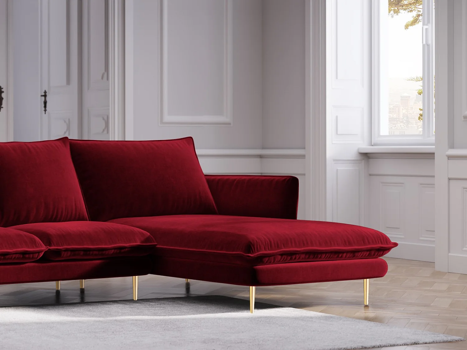 Cosmopolitan Design - Rechter hoekbank "Vienna" 5 zitplaatsen, Flueel, Rood - 255x170x95cm