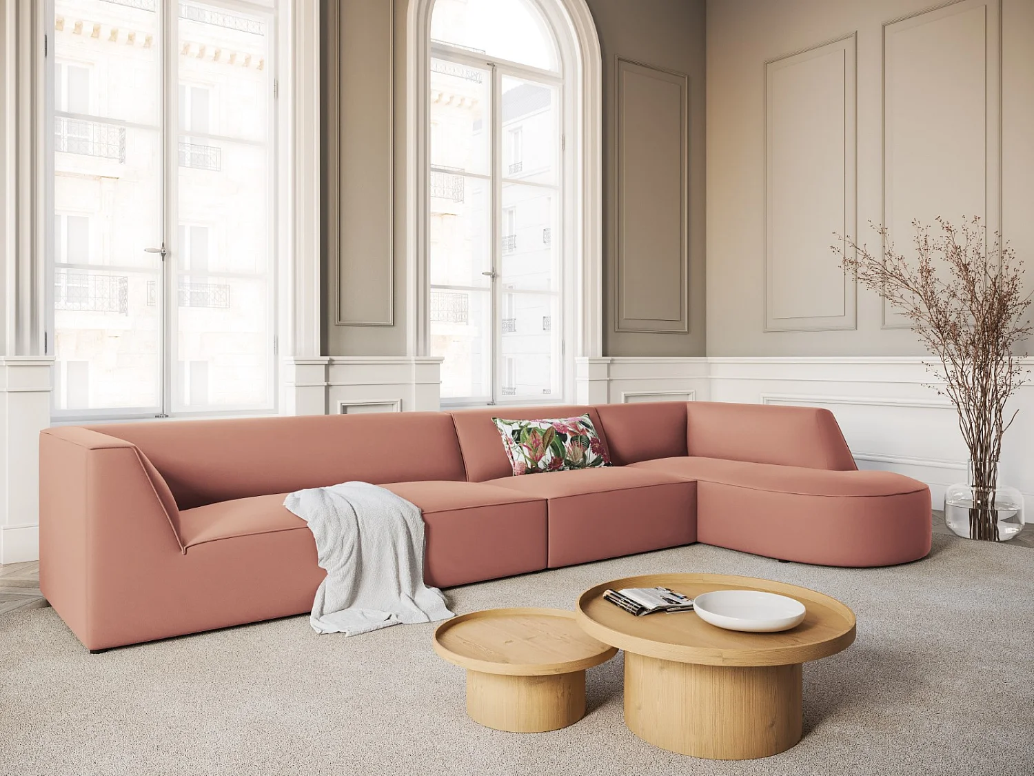 CXL by Christian Lacroix - Sofá de canto direito "Charles" 5 lugares em veludo rosa - 366x180x69cm