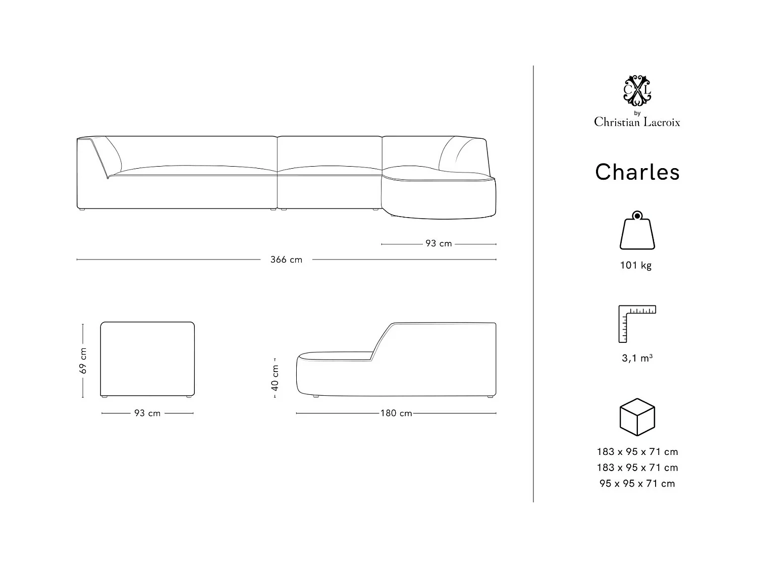 CXL by Christian Lacroix - Canapé d'angle droit "Charles" 5 places en velours motif de rose de jardin,vert - 366x180x69cm