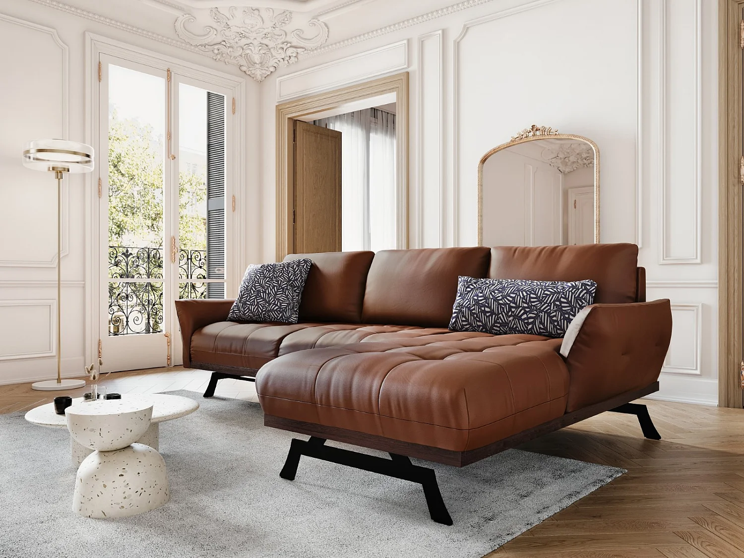 CXL by Christian Lacroix - Modulaire hoekbank rechts "Olivier" 4 zitplaatsen, Echt leer, Bruin - 264x171x87cm