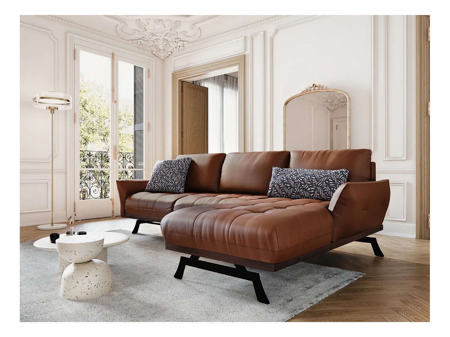 CXL by Christian Lacroix - Canapé d'angle droit modulable "Olivier" 4 places en cuir véritable marron - 264x171x87cm