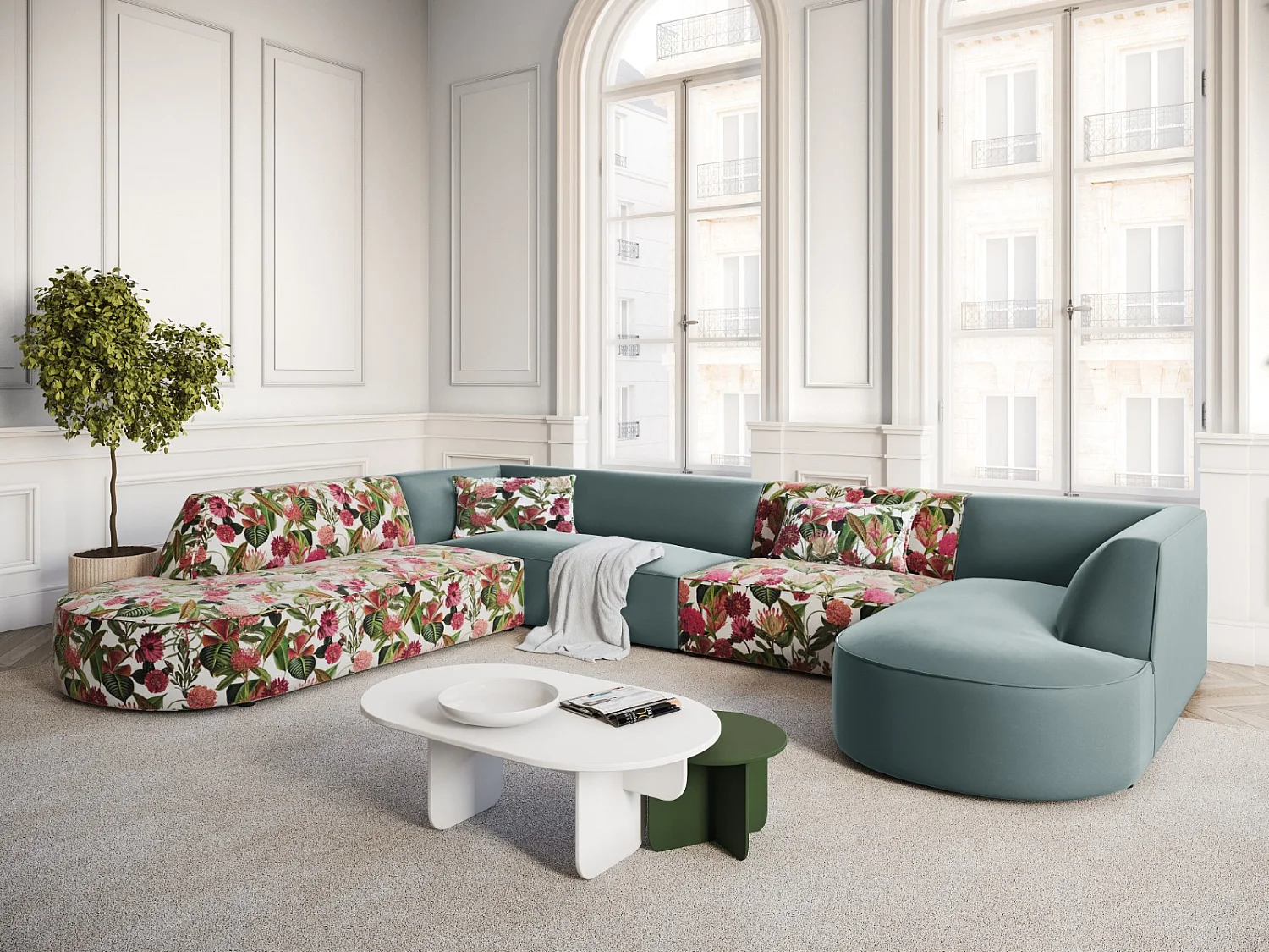 CXL by Christian Lacroix - 7-Sitzer Panoramasofa links "Charles" Sitzer aus Samt rosengarten-motiv - 366x273x69cm