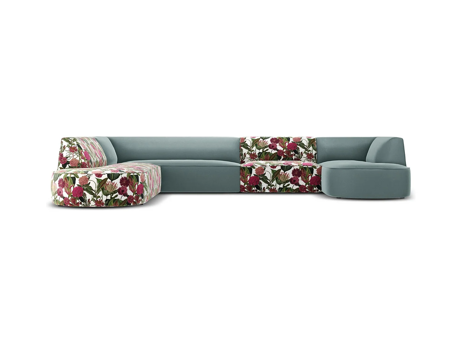 CXL by Christian Lacroix - Canapé d'angle gauche panoramique "Charles" 7 places en velours motif de rose de jardin,menthe - 366x273x69cm