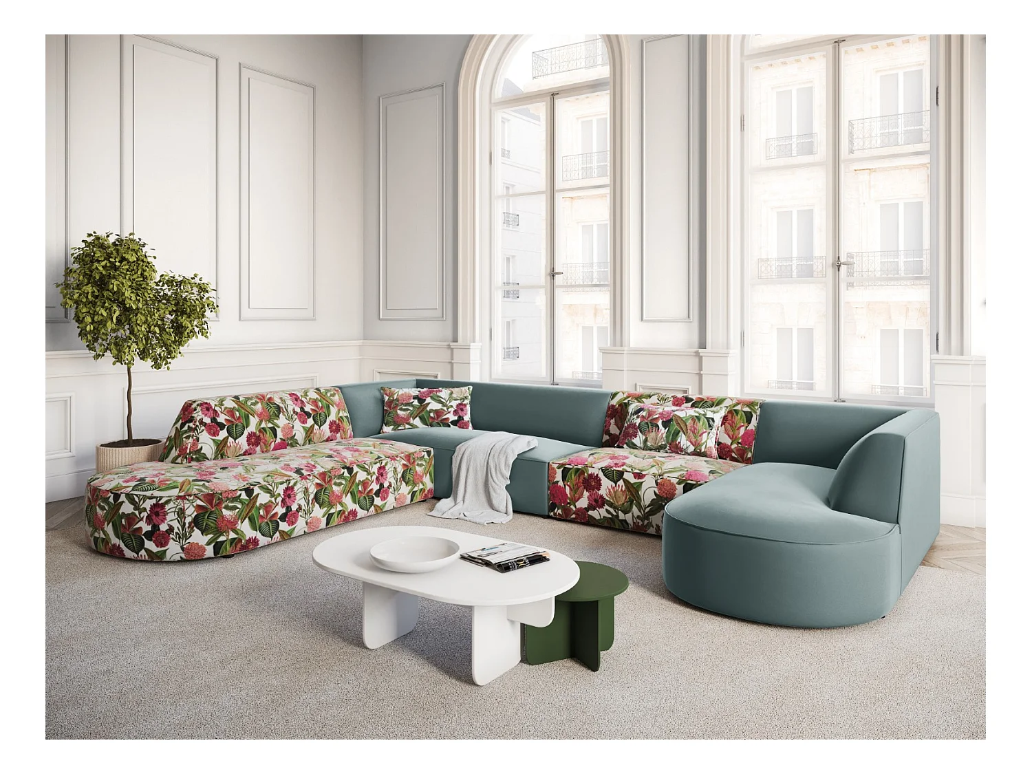 CXL by Christian Lacroix - Panoramische hoekbank links "Charles" 7 zitplaatsen, Flueel, tuinrozenpatroon, mint - 366x273x69cm