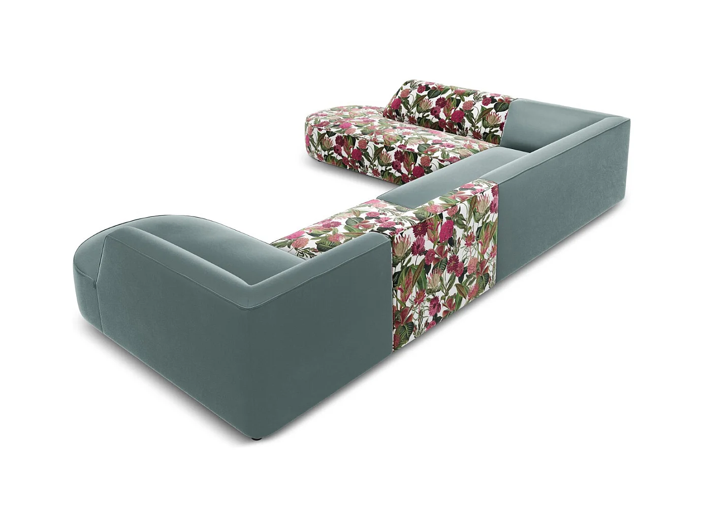 CXL by Christian Lacroix - Panoramische hoekbank links "Charles" 7 zitplaatsen, Flueel, tuinrozenpatroon, mint - 366x273x69cm