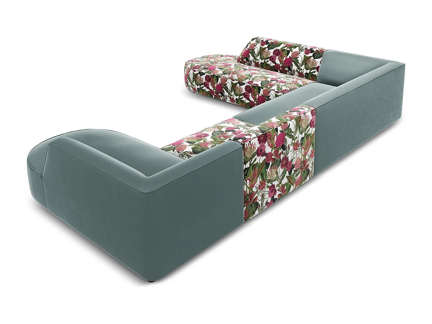 CXL by Christian Lacroix - Panoramische hoekbank links "Charles" 7 zitplaatsen, Flueel, tuinrozenpatroon, mint - 366x273x69cm