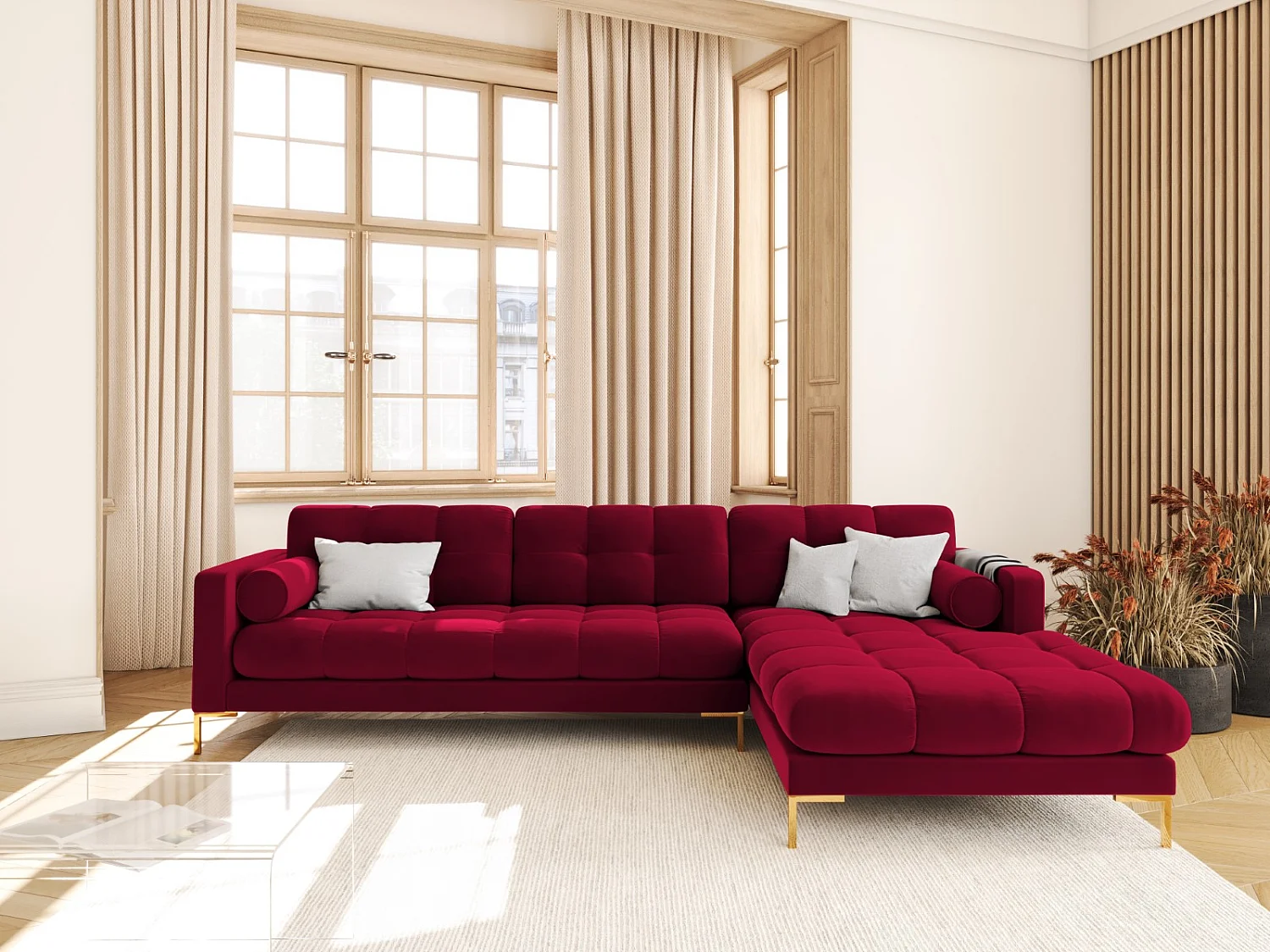 Cosmopolitan Design - Sofá de canto direito "Bali" 5 lugares em veludo vermelho - 293x185x75cm