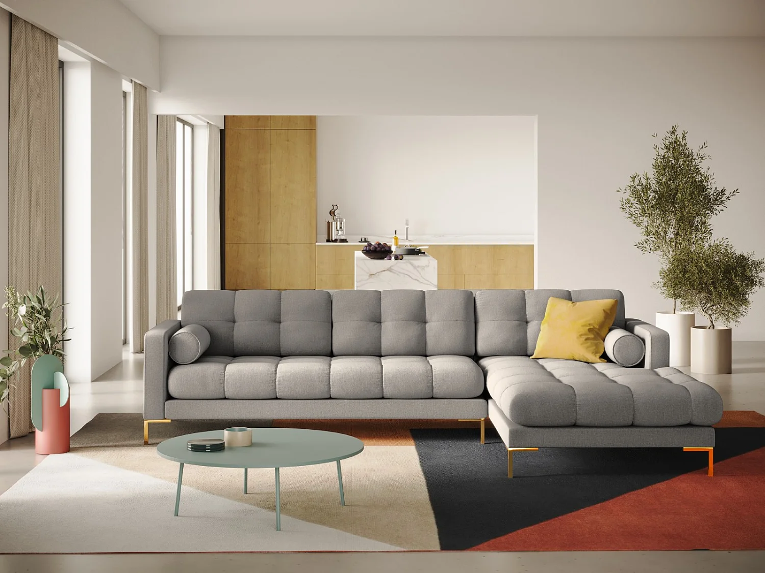 Cosmopolitan Design - 5-Sitzer Ecksofa rechts "Bali" aus strukturiertem Stoff hellgrau - 293x185x75cm